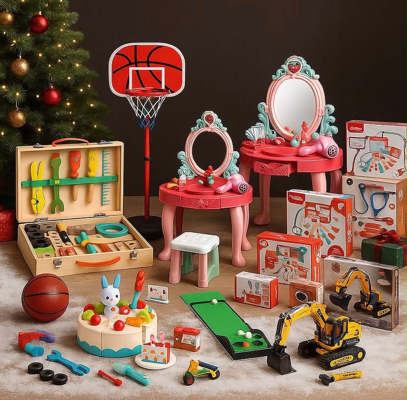 Toy display with games, pretend play sets, gifts, and holiday decorations